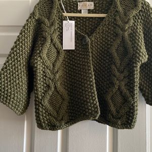 Hand knit cropped olive ballet sleeve sweater